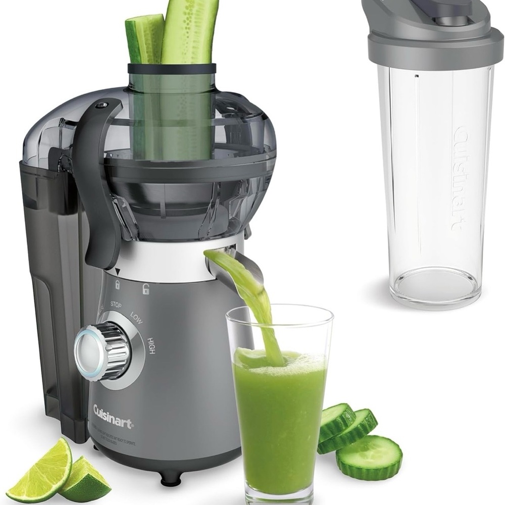 Cuisinart Gray Slow-Press Juicer with Clear Cup and Green Juice